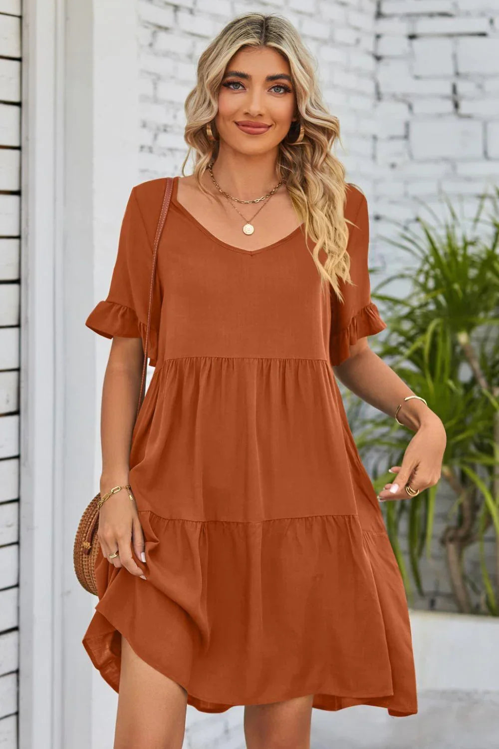 Alesha V-Neck Flounce Sleeve Tiered Dresses - Vestir en Moda