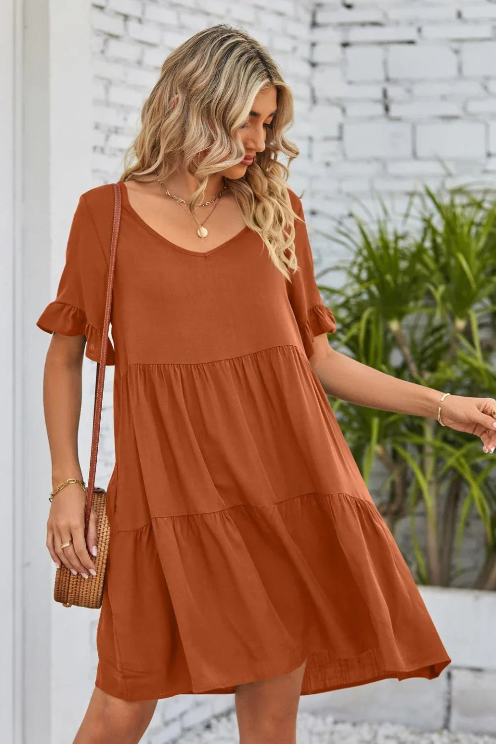 Alesha V-Neck Flounce Sleeve Tiered Dresses - Vestir en Moda
