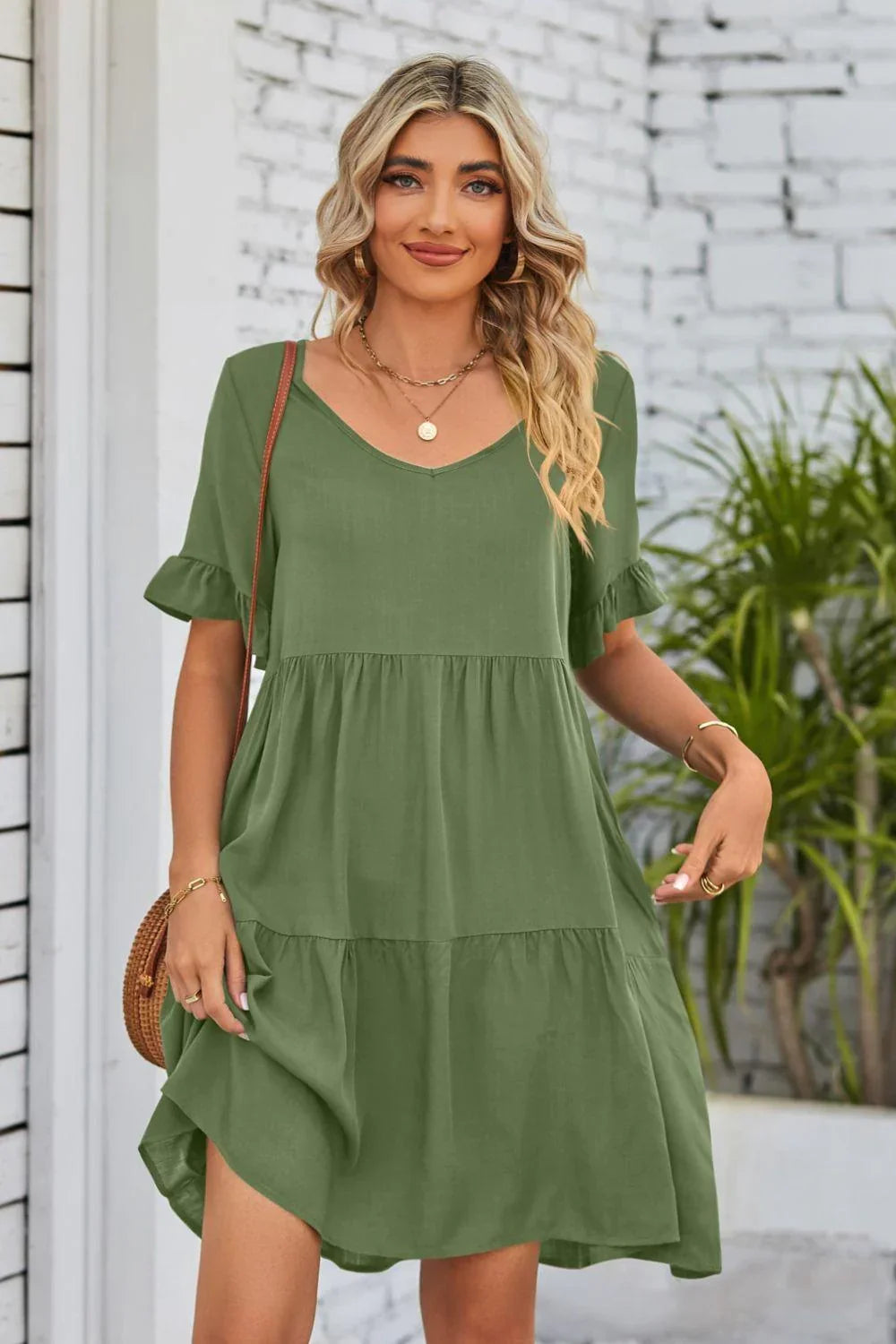 Alesha V-Neck Flounce Sleeve Tiered Dresses - Vestir en Moda