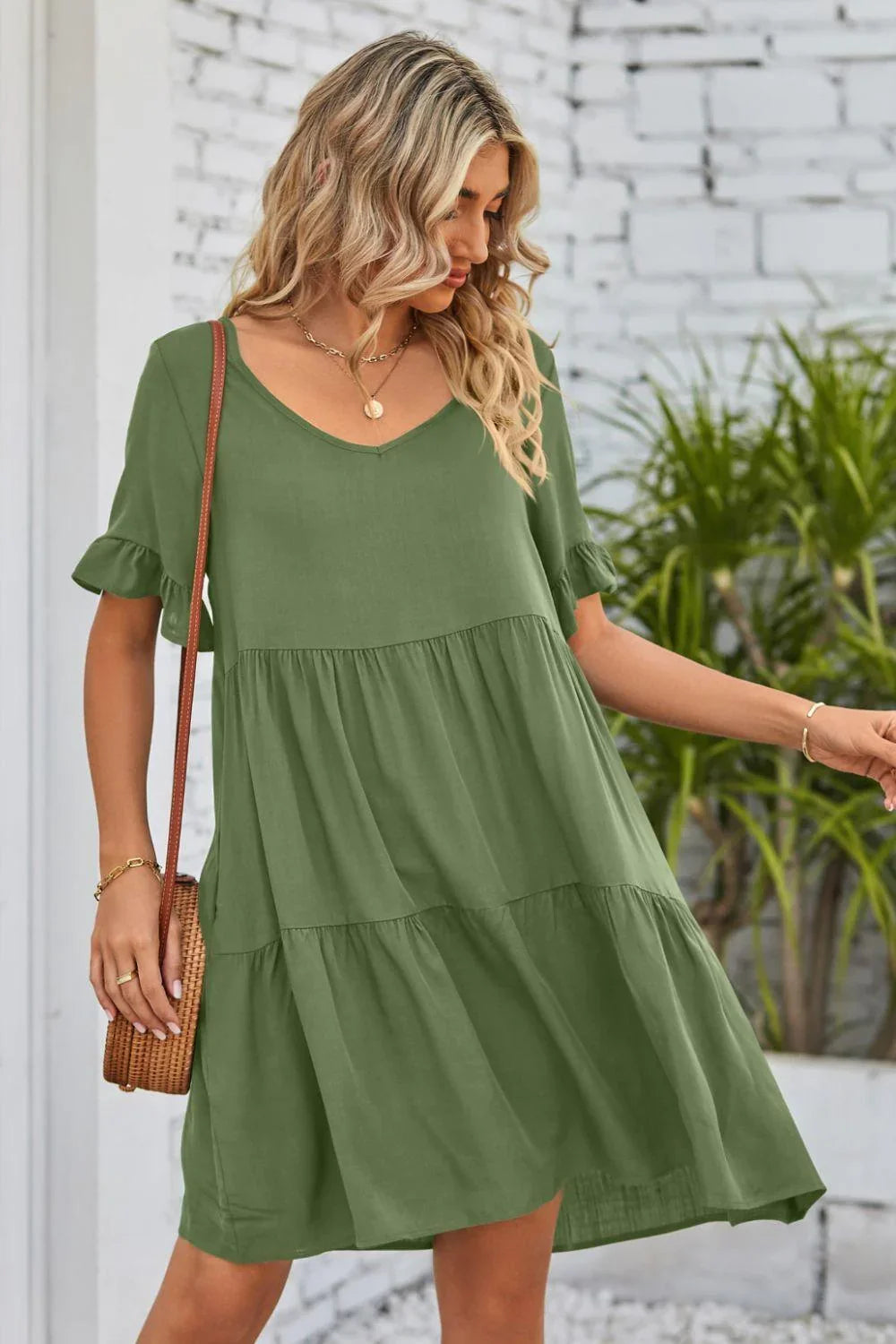 Alesha V-Neck Flounce Sleeve Tiered Dresses - Vestir en Moda