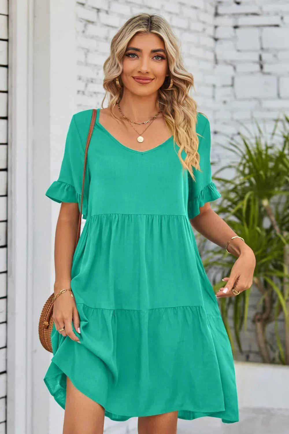 Alesha V-Neck Flounce Sleeve Tiered Dresses - Vestir en Moda
