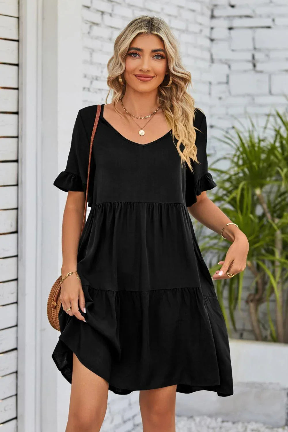 Alesha V-Neck Flounce Sleeve Tiered Dresses - Vestir en Moda