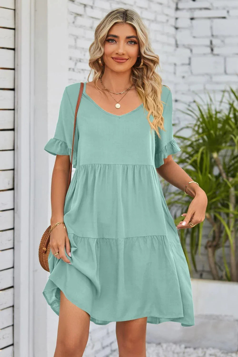 Alesha V-Neck Flounce Sleeve Tiered Dresses - Vestir en Moda