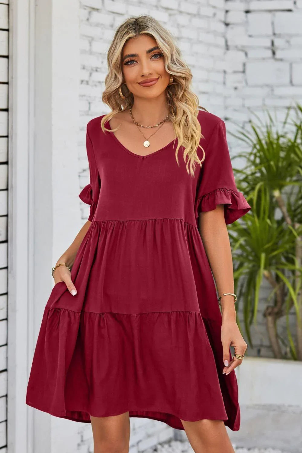 Alesha V-Neck Flounce Sleeve Tiered Dresses - Vestir en Moda