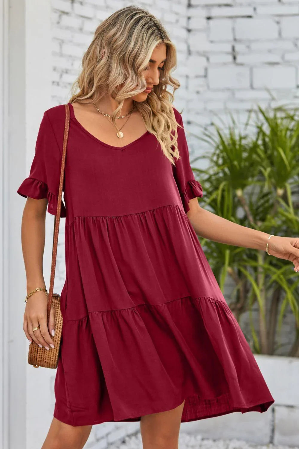 Alesha V-Neck Flounce Sleeve Tiered Dresses - Vestir en Moda