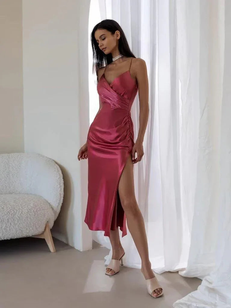 Aleshaa Waist Backless Mid-Length Strap Satin Dresses - Vestir en Moda