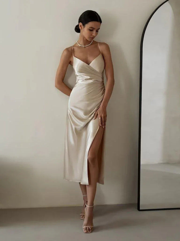 Aleshaa Waist Backless Mid-Length Strap Satin Dresses - Vestir en Moda