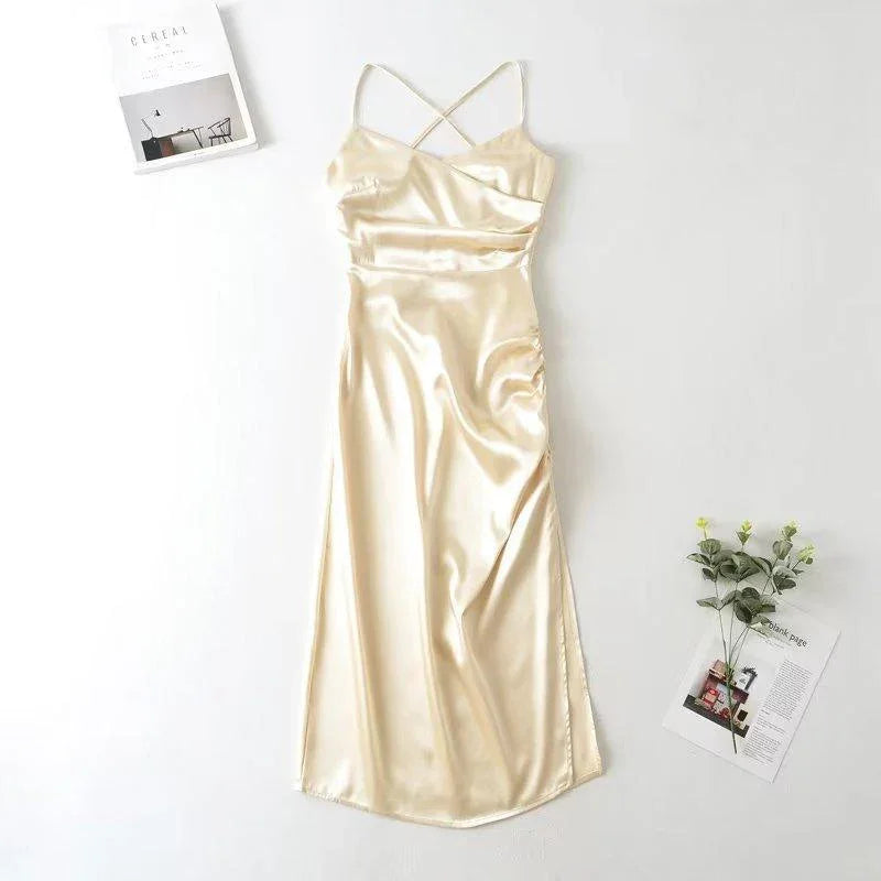 Aleshaa Waist Backless Mid-Length Strap Satin Dresses - Vestir en Moda