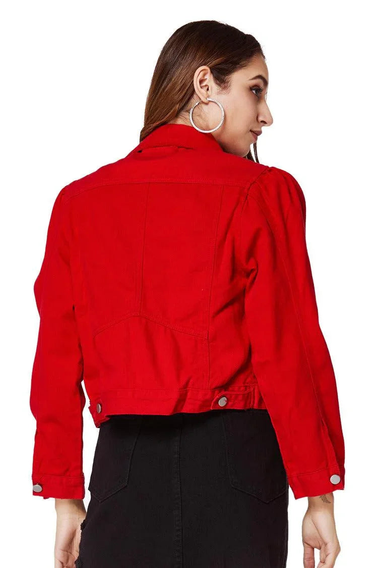 Alex Women Casual Red Jean High Quality Cotton Jacket - Vestir en Moda
