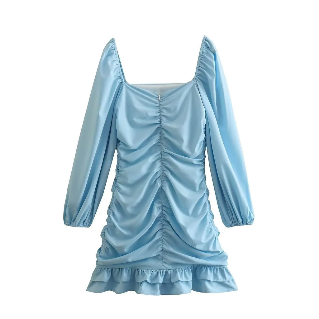 alexandra Color Square Collar Pullover Pleated Long Sleeve Short Dresses - Vestir en Moda