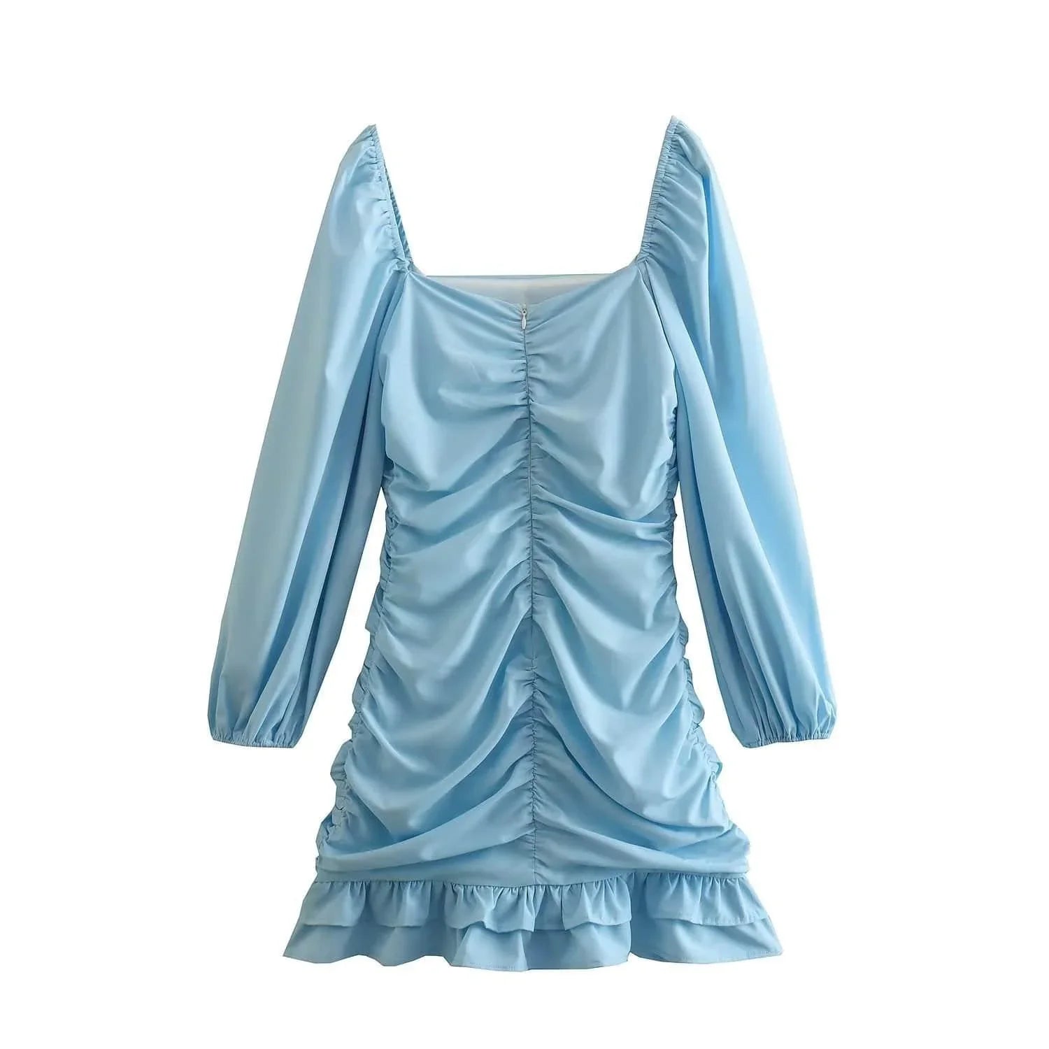 alexandra Color Square Collar Pullover Pleated Long Sleeve Short Dresses - Vestir en Moda