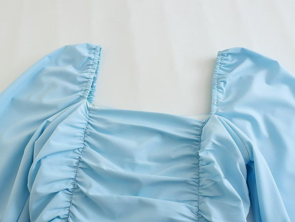 alexandra Color Square Collar Pullover Pleated Long Sleeve Short Dresses - Vestir en Moda