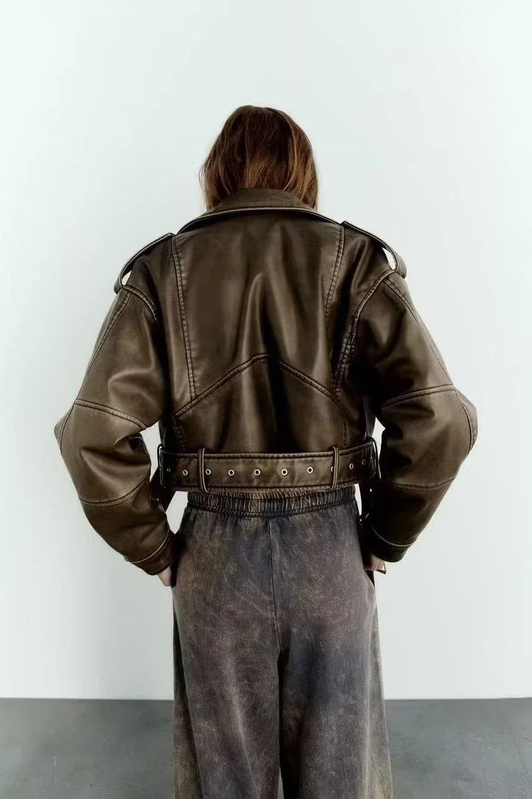 Alice Faux Leather Belted Zipper Jacket Small Coat - Vestir en Moda