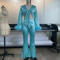 Alice Feather Long Sleeve Stitching Sexy cropped Outfit Split Trousers two piece Set - Vestir en Moda