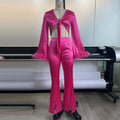 Alice Feather Long Sleeve Stitching Sexy cropped Outfit Split Trousers two piece Set - Vestir en Moda