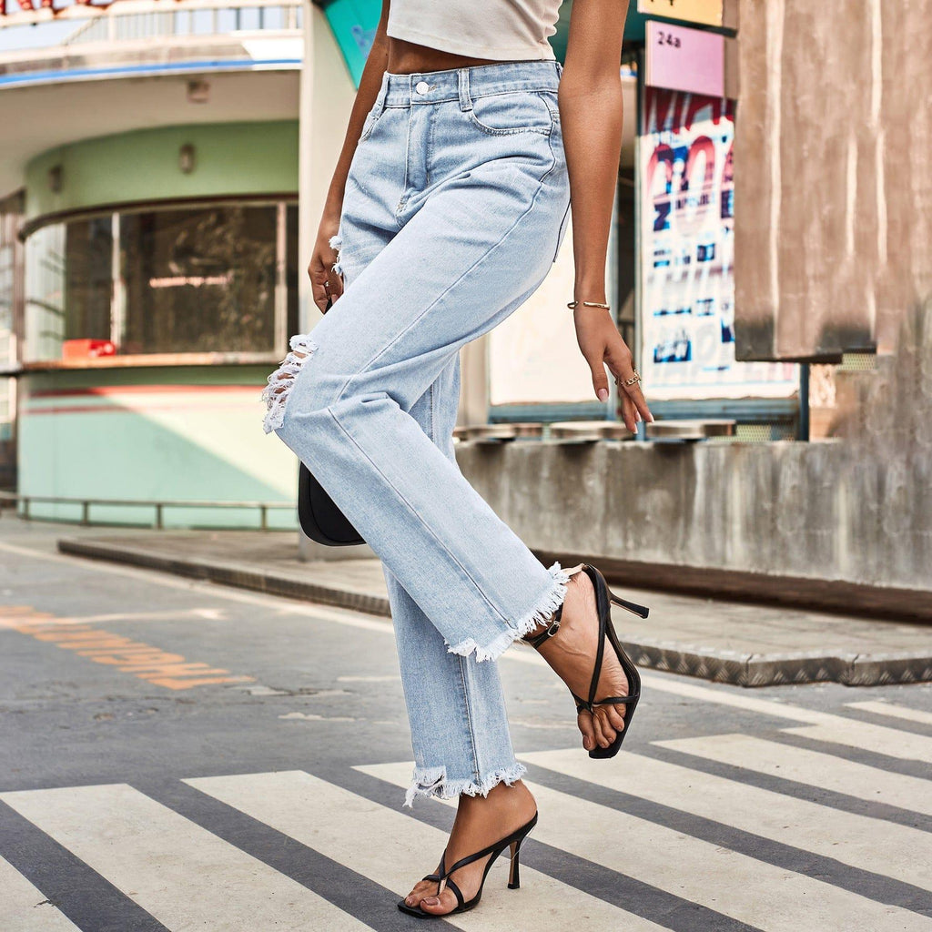 Alina Denim Ripped Trousers Internet Celebrity Pocket Zipper Jeans - Vestir en Moda