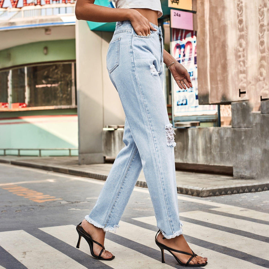 Alina Denim Ripped Trousers Internet Celebrity Pocket Zipper Jeans - Vestir en Moda