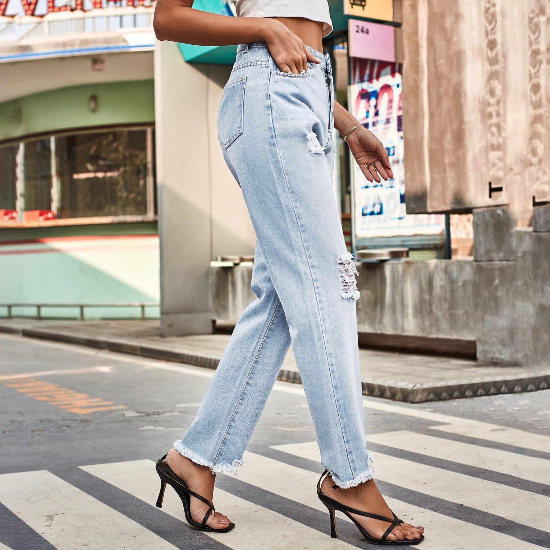 Alina Denim Ripped Trousers Internet Celebrity Pocket Zipper Jeans - Vestir en Moda