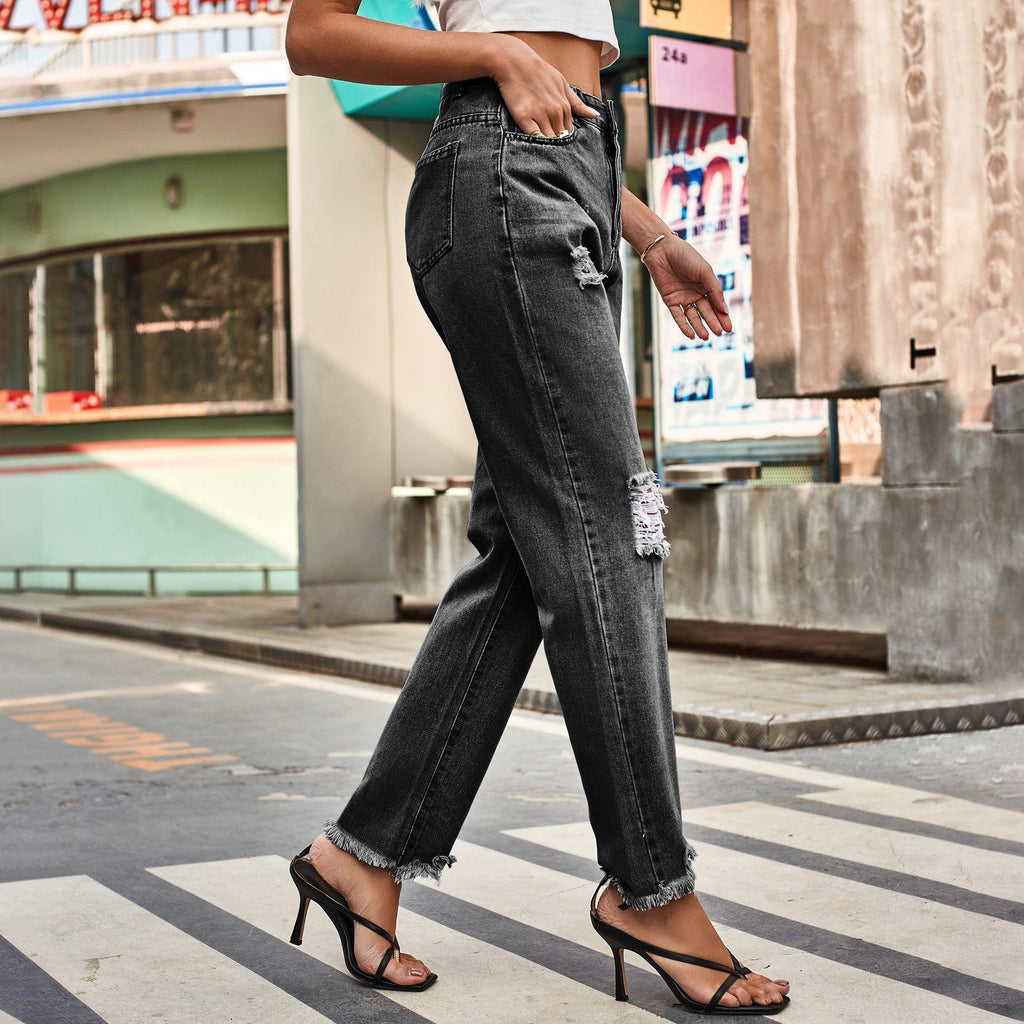 Alina Denim Ripped Trousers Internet Celebrity Pocket Zipper Jeans - Vestir en Moda