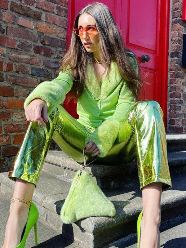 Alison Fashion High Waist PU Leather Candy Color Casual Pants - Vestir en Moda