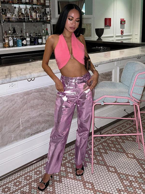Alison Fashion High Waist PU Leather Candy Color Casual Pants - Vestir en Moda