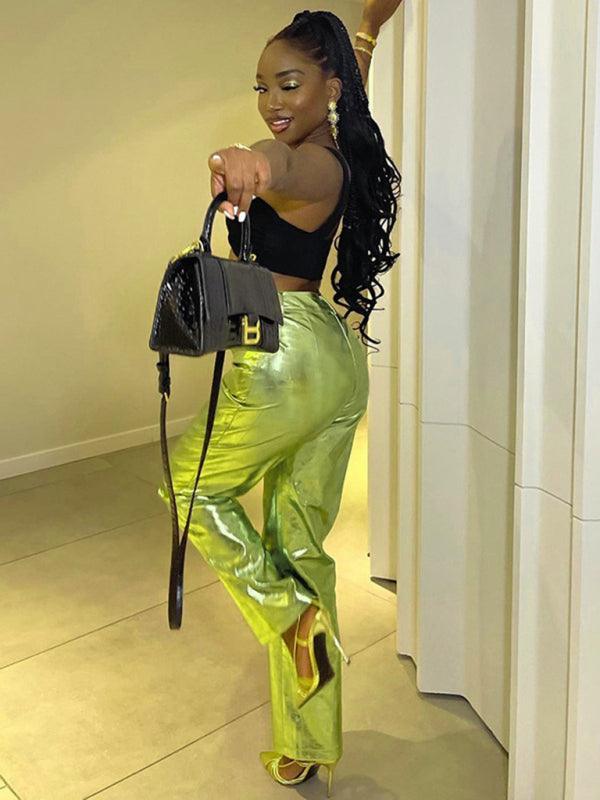 Alison Fashion High Waist PU Leather Candy Color Casual Pants - Vestir en Moda