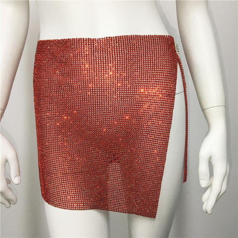 Alyssa Metal Fiber AsymmetricHipster Slit Rhinestone Split Sexy Skirt - Vestir en Moda