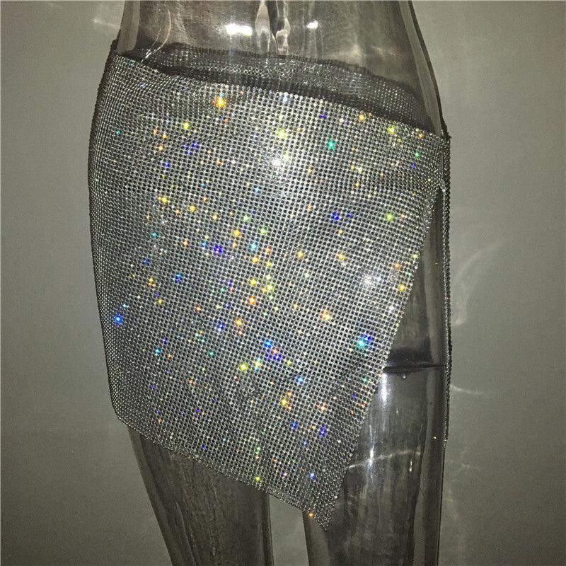 Alyssa Metal Fiber AsymmetricHipster Slit Rhinestone Split Sexy Skirt - Vestir en Moda