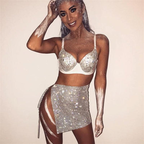 Alyssa Metal Fiber AsymmetricHipster Slit Rhinestone Split Sexy Skirt - Vestir en Moda