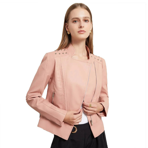 Amalia Regular Beading Zipper Faux Leather Jacket - Vestir en Moda
