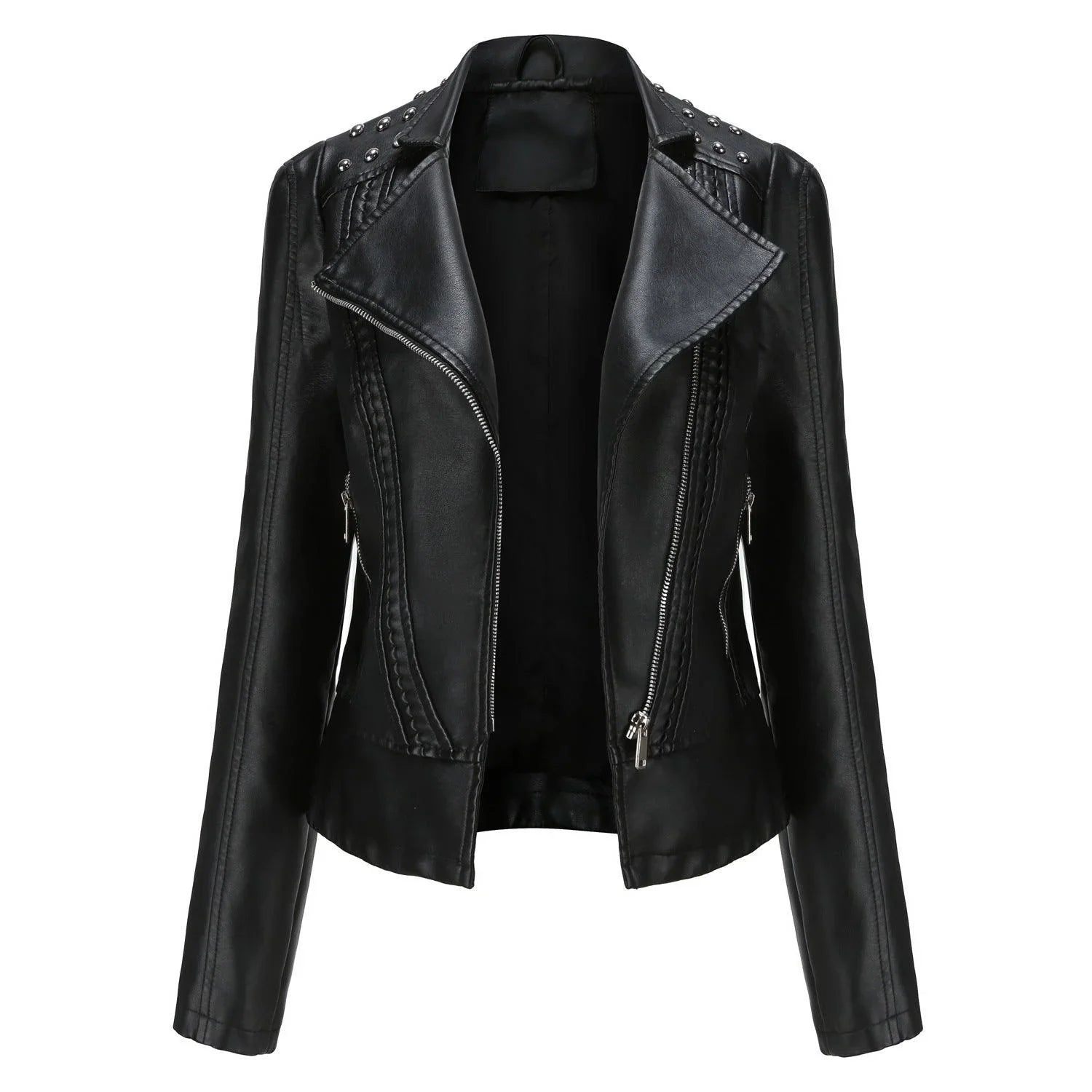 Amalia Regular Beading Zipper Faux Leather Jacket - Vestir en Moda
