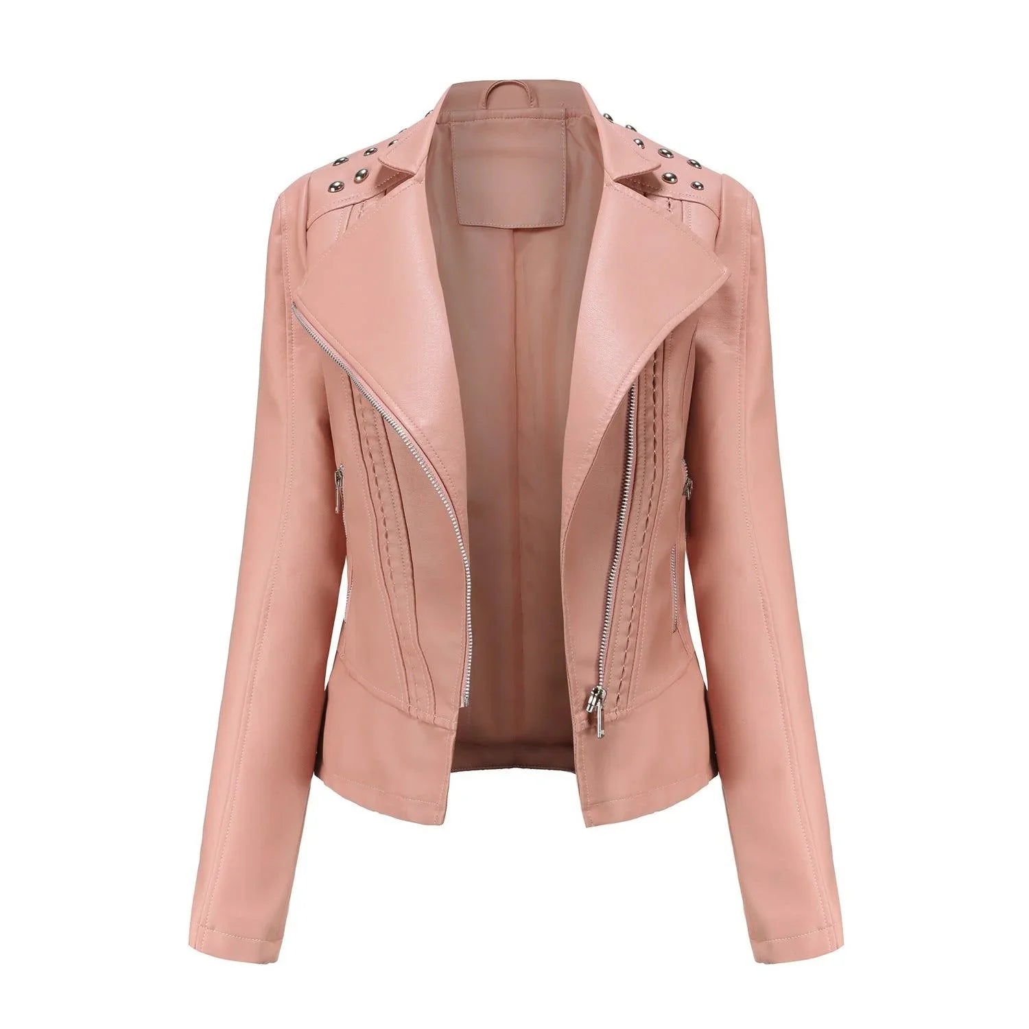 Amalia Regular Beading Zipper Faux Leather Jacket - Vestir en Moda