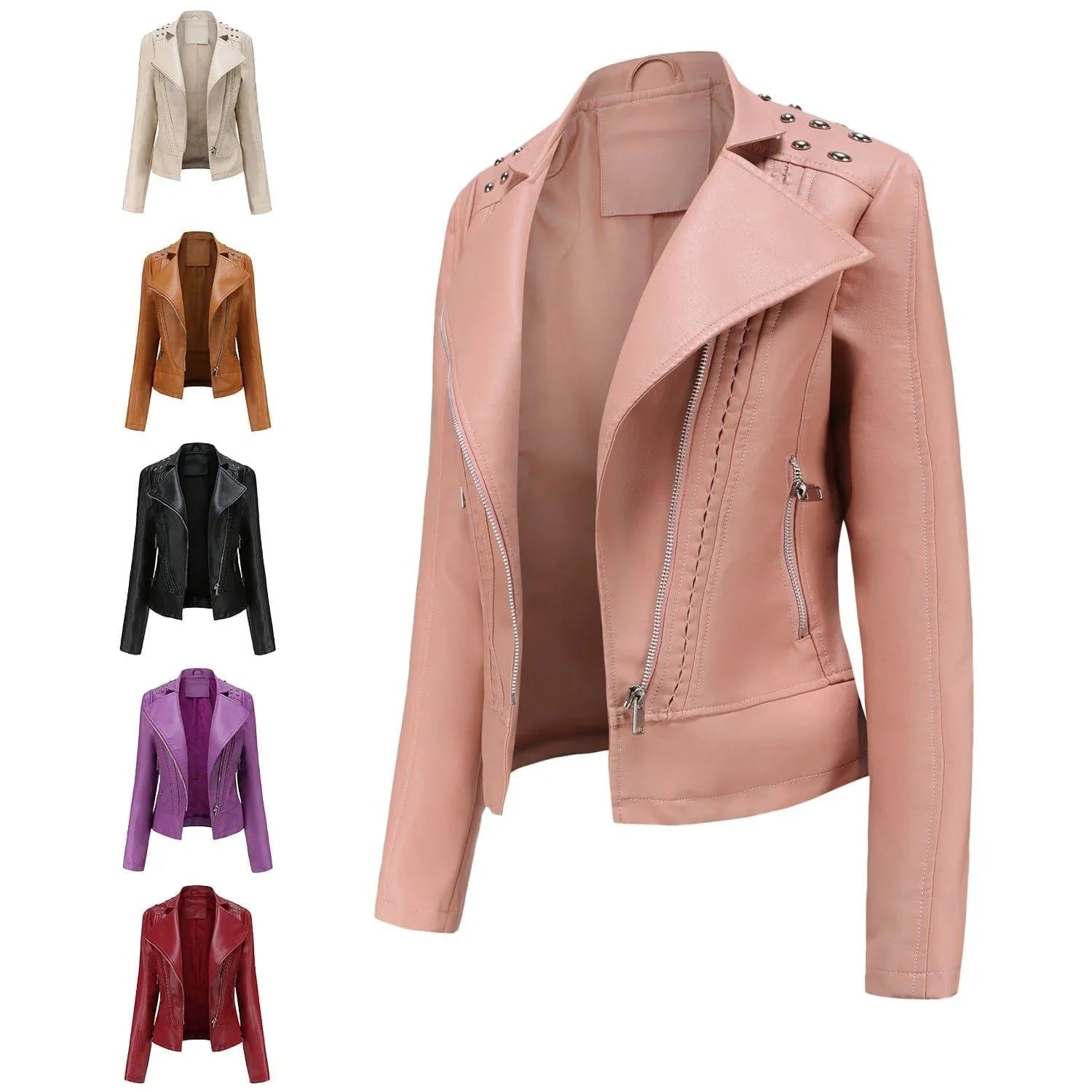 Amalia Regular Beading Zipper Faux Leather Jacket - Vestir en Moda