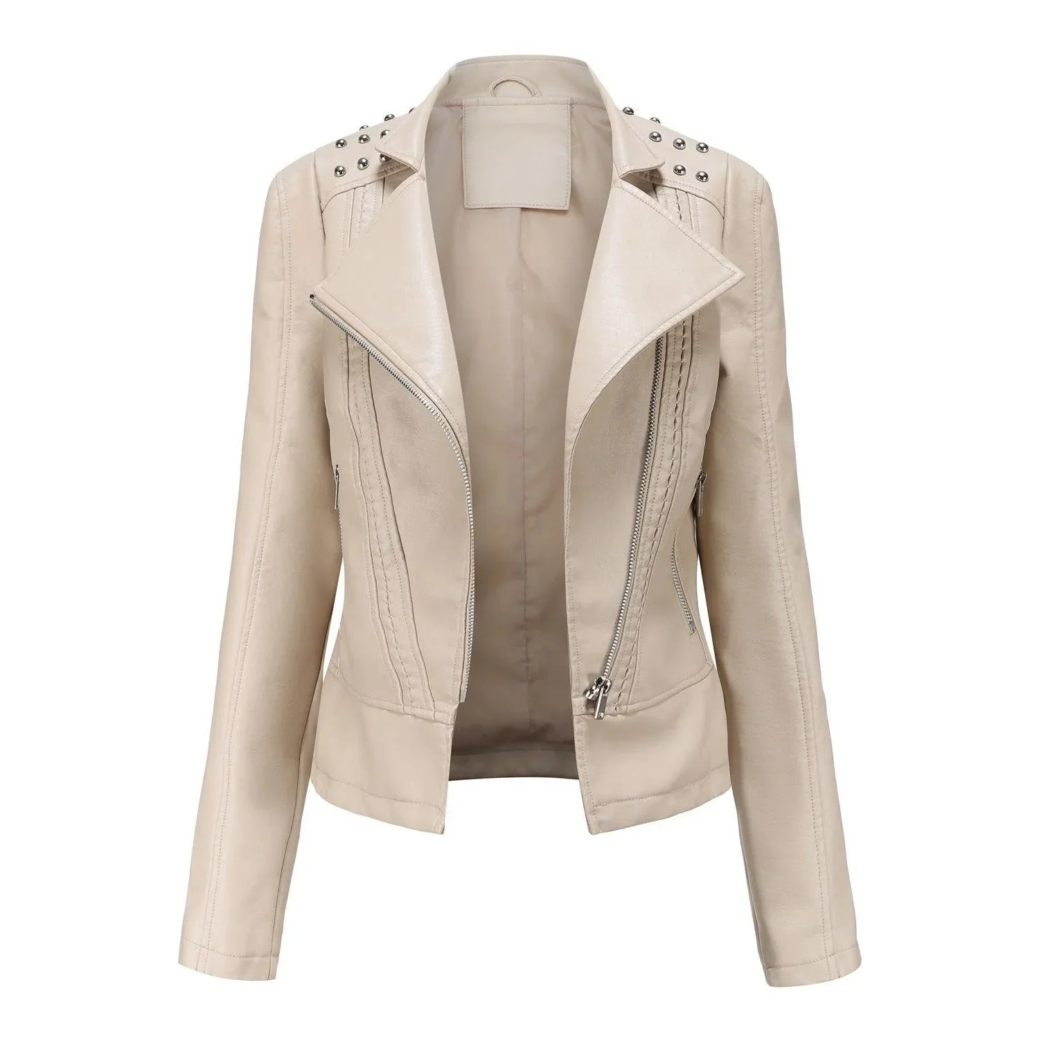 Amalia Regular Beading Zipper Faux Leather Jacket - Vestir en Moda