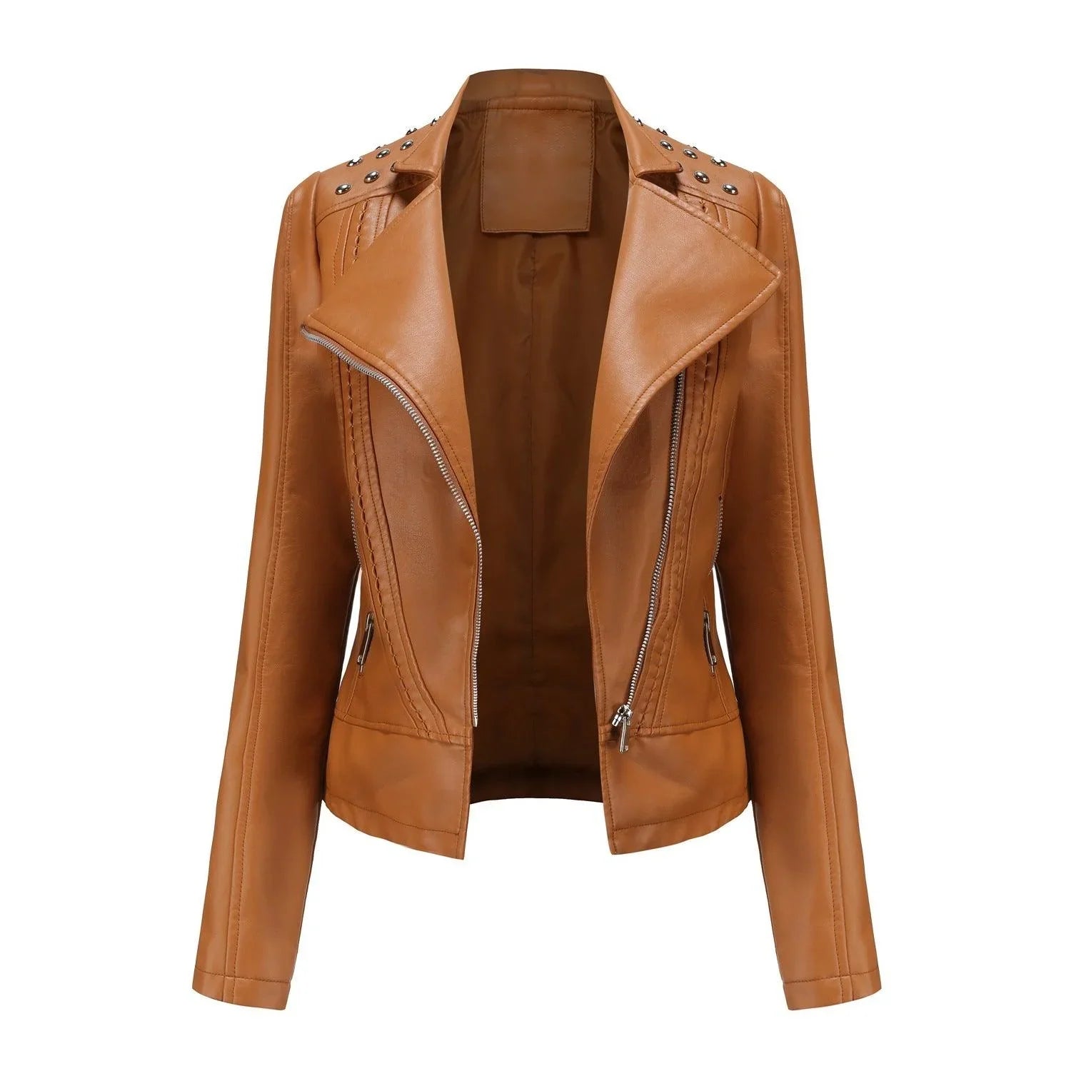 Amalia Regular Beading Zipper Faux Leather Jacket - Vestir en Moda