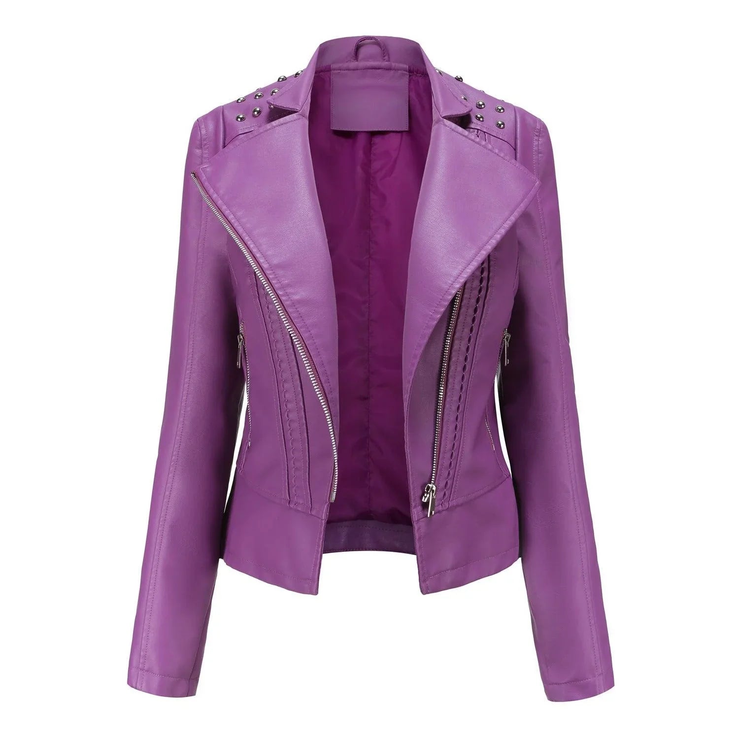 Amalia Regular Beading Zipper Faux Leather Jacket - Vestir en Moda