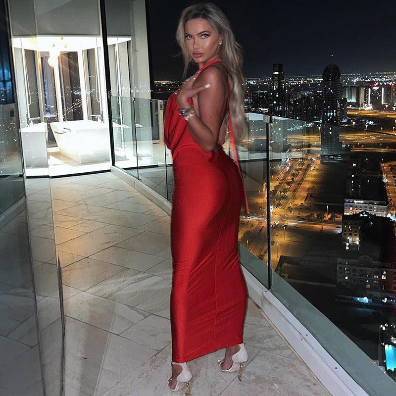 Amanda Sexy V neck Halter Backless Slim Sleeveless Dress - Vestir en Moda