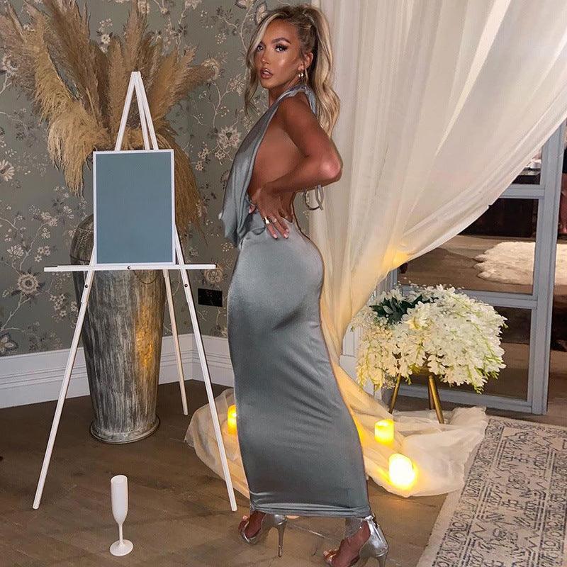 Amanda Sexy V neck Halter Backless Slim Sleeveless Dress - Vestir en Moda