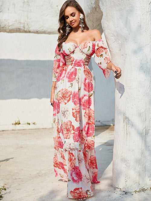 Ana Long Sleeve Hollow Out Cutout out Drawstring Large Printed Dress - Vestir en Moda
