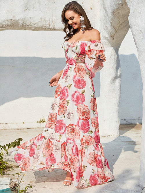 Ana Long Sleeve Hollow Out Cutout out Drawstring Large Printed Dress - Vestir en Moda