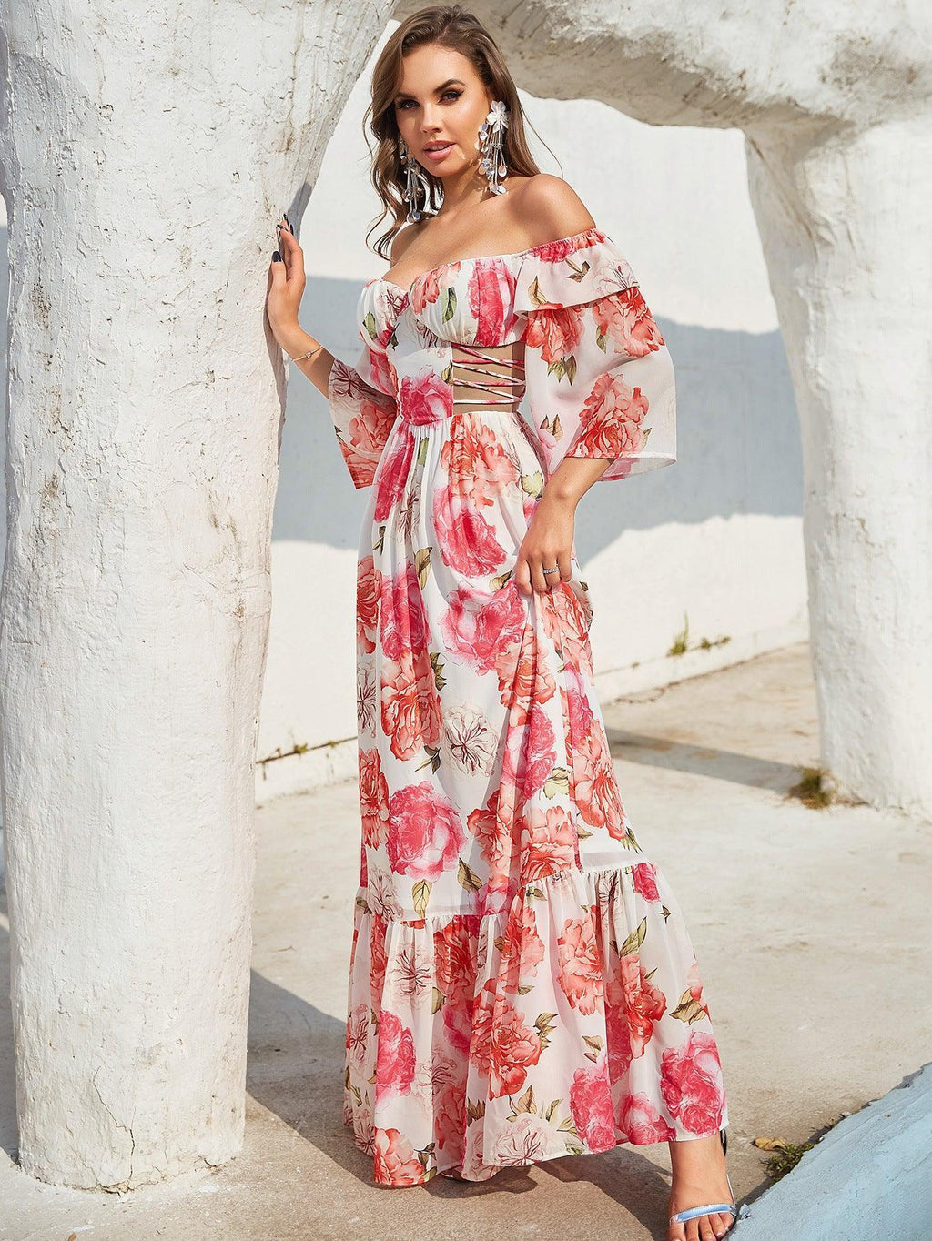 Ana Long Sleeve Hollow Out Cutout out Drawstring Large Printed Dress - Vestir en Moda
