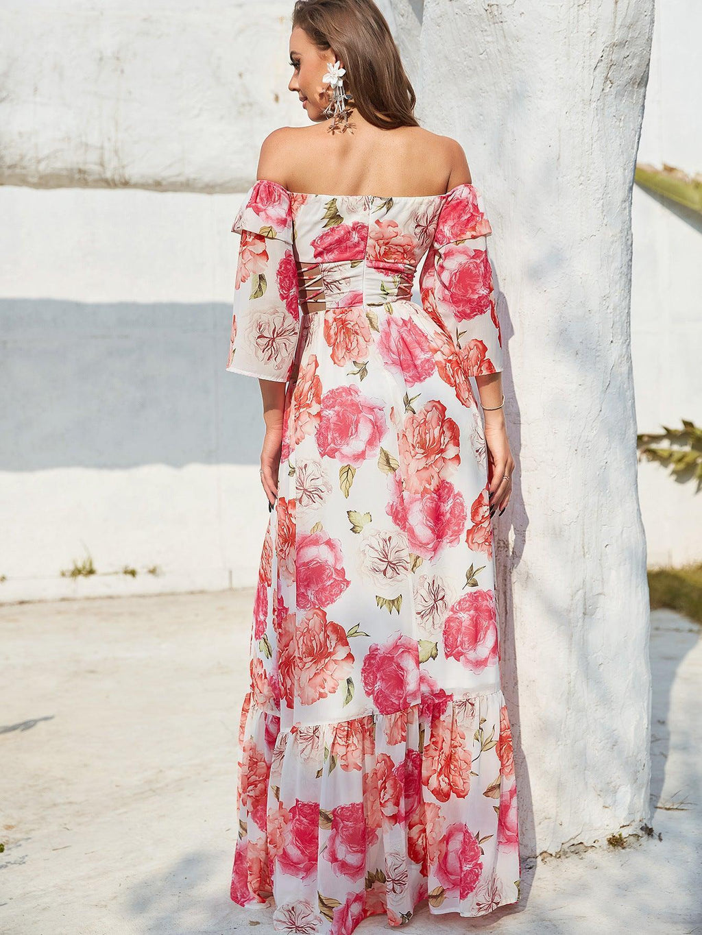 Ana Long Sleeve Hollow Out Cutout out Drawstring Large Printed Dress - Vestir en Moda