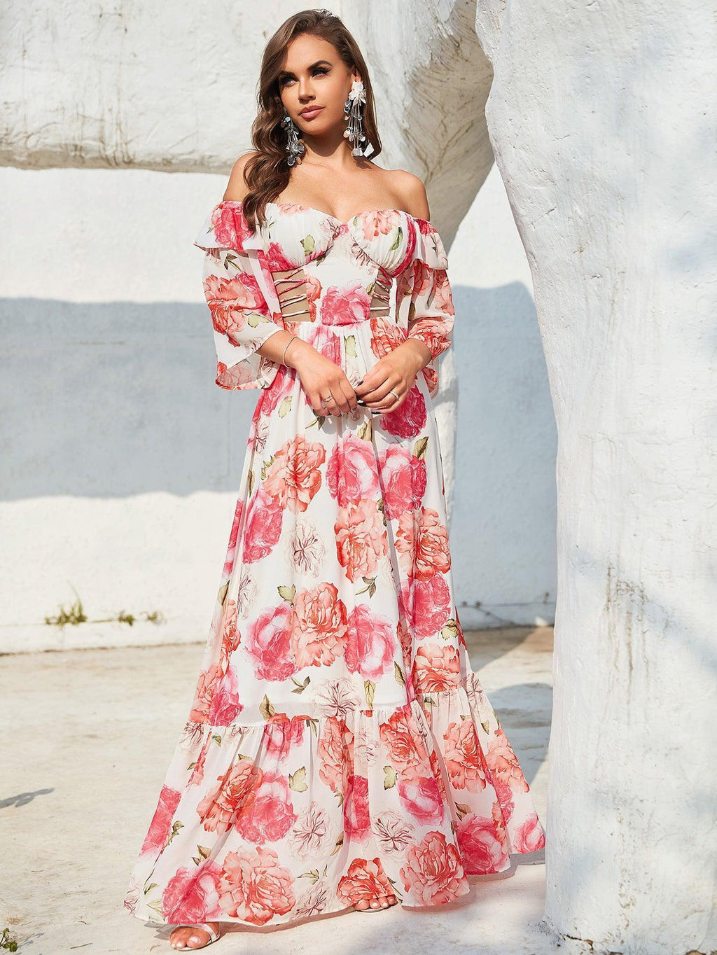 Ana Long Sleeve Hollow Out Cutout out Drawstring Large Printed Dress - Vestir en Moda