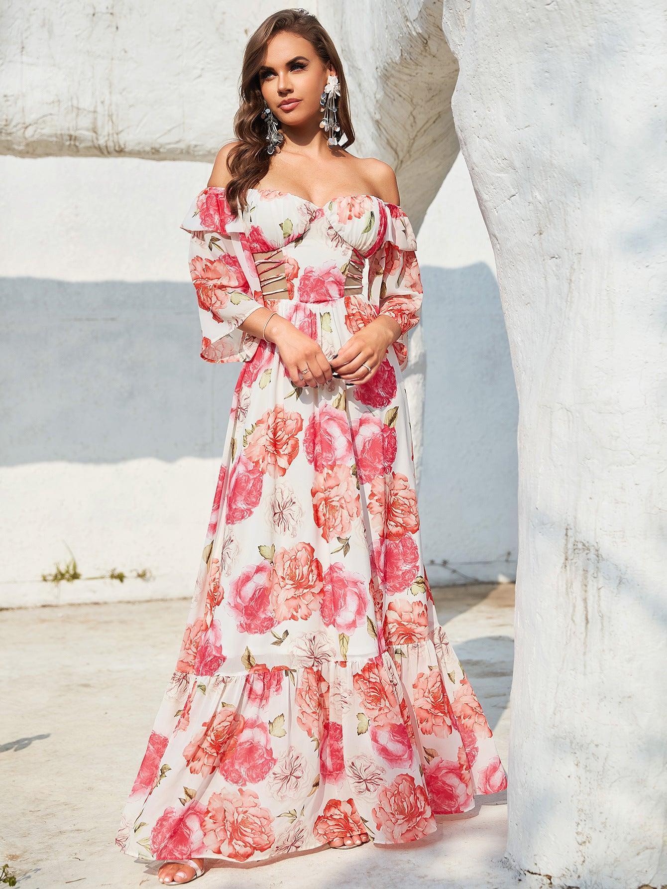 Ana Long Sleeve Hollow Out Cutout out Drawstring Large Printed Dress - Vestir en Moda