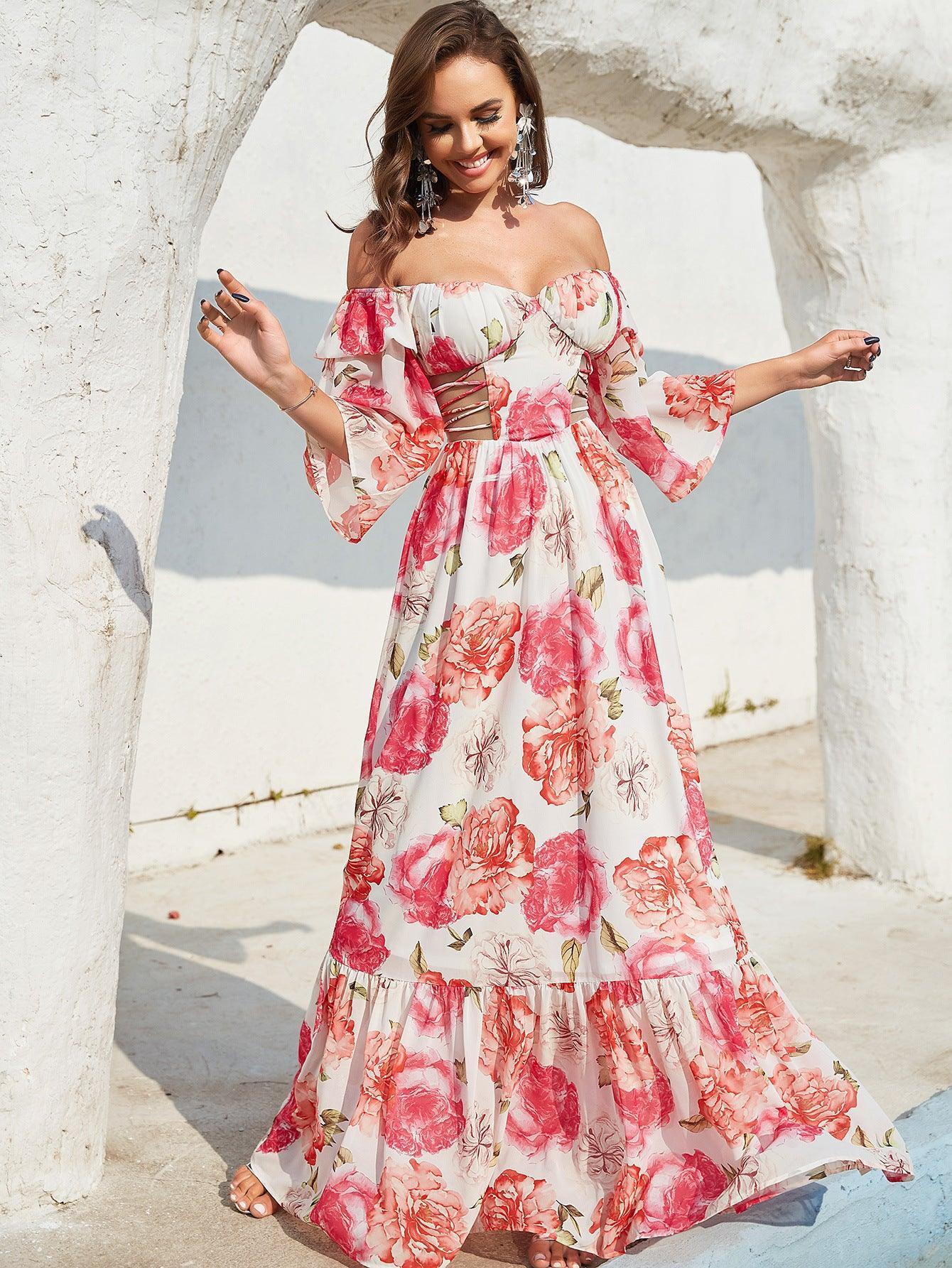 Ana Long Sleeve Hollow Out Cutout out Drawstring Large Printed Dress - Vestir en Moda