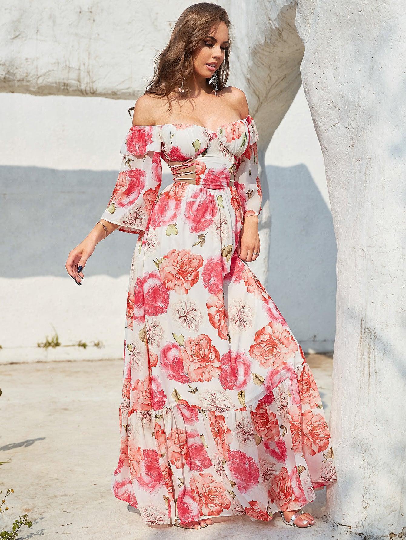 Ana Long Sleeve Hollow Out Cutout out Drawstring Large Printed Dress - Vestir en Moda