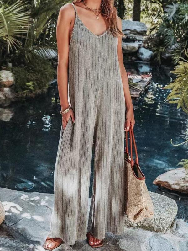 Ana Women Ribbed Backless Solid Color Casual Jumpsuits - Vestir en Moda