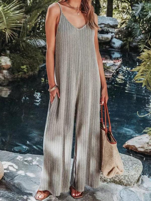 Ana Women Ribbed Backless Solid Color Casual Jumpsuits - Vestir en Moda