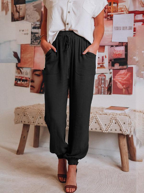 Armani Bloomer Solid Color Cotton Linen Ladies Pocket Drawstring Pant - Vestir en Moda