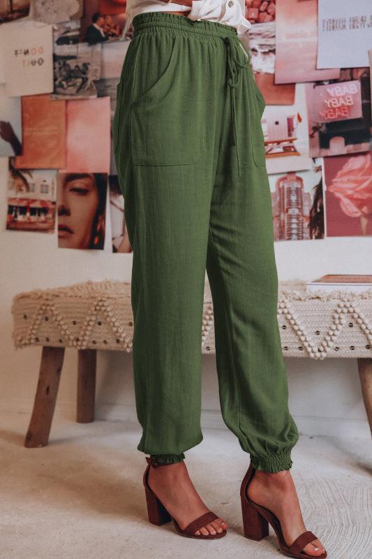 Armani Bloomer Solid Color Cotton Linen Ladies Pocket Drawstring Pant - Vestir en Moda